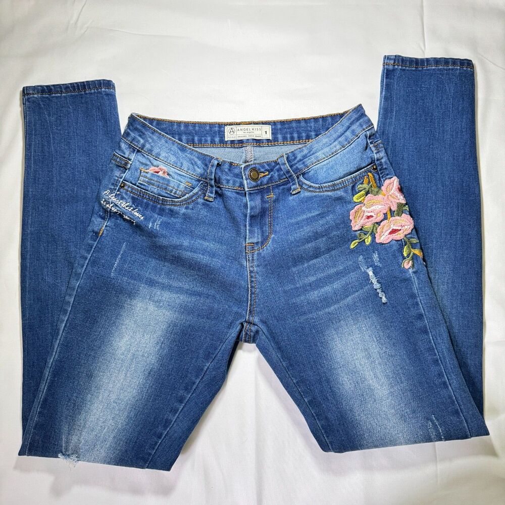 Angel Kiss Embroidered Flowers Destroyed Ripped Jeans Stretch Mid Rise Size 1